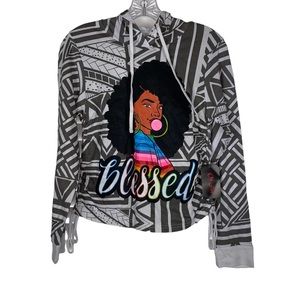 On Fire NWT Women Blessed White/Gray Drawcord Side 100% Cotton Hoodie Size Small